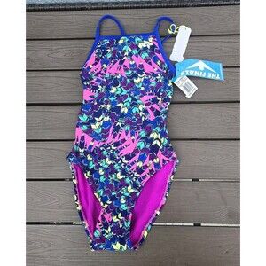TYR The Finals Youth Girl Woodstock Multi Swimsuit Flutterback No Foil Sz 22 New